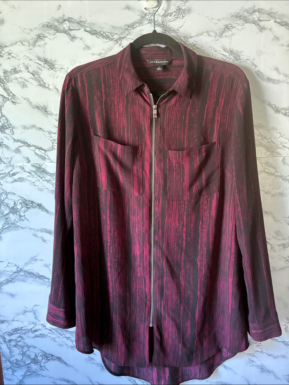 Rock & Republic M Burgundy and Black Zip-Front Blouse